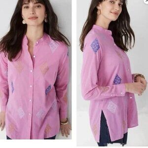 J. Jill Embroidered Button Down Blouse Size Large Pink Lightweight 100% Cotton